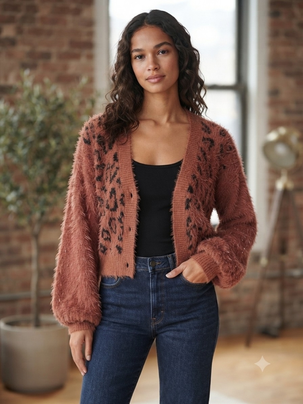 Fuzzy Rust Animal-Print Open Cardigan Sweater